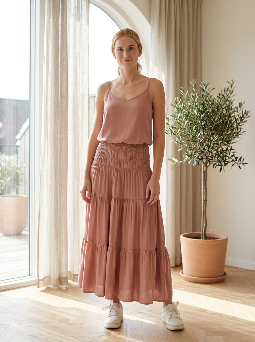 Jupe longue étagée rose B.Young, taille smockée, portée avec un caraco et des baskets blanches