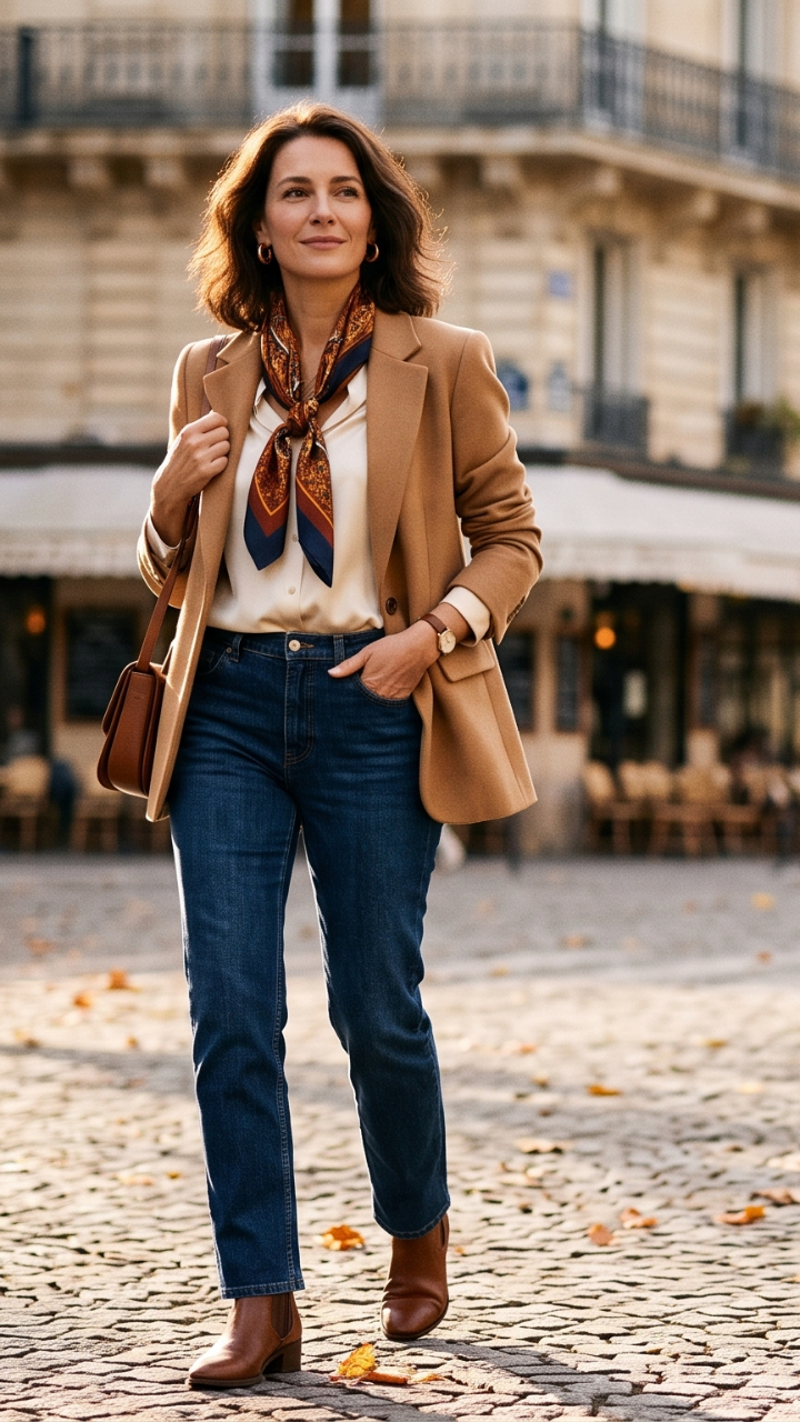 Femme portant un jean droit, un blazer camel et des bottines pour un look chic d’automne